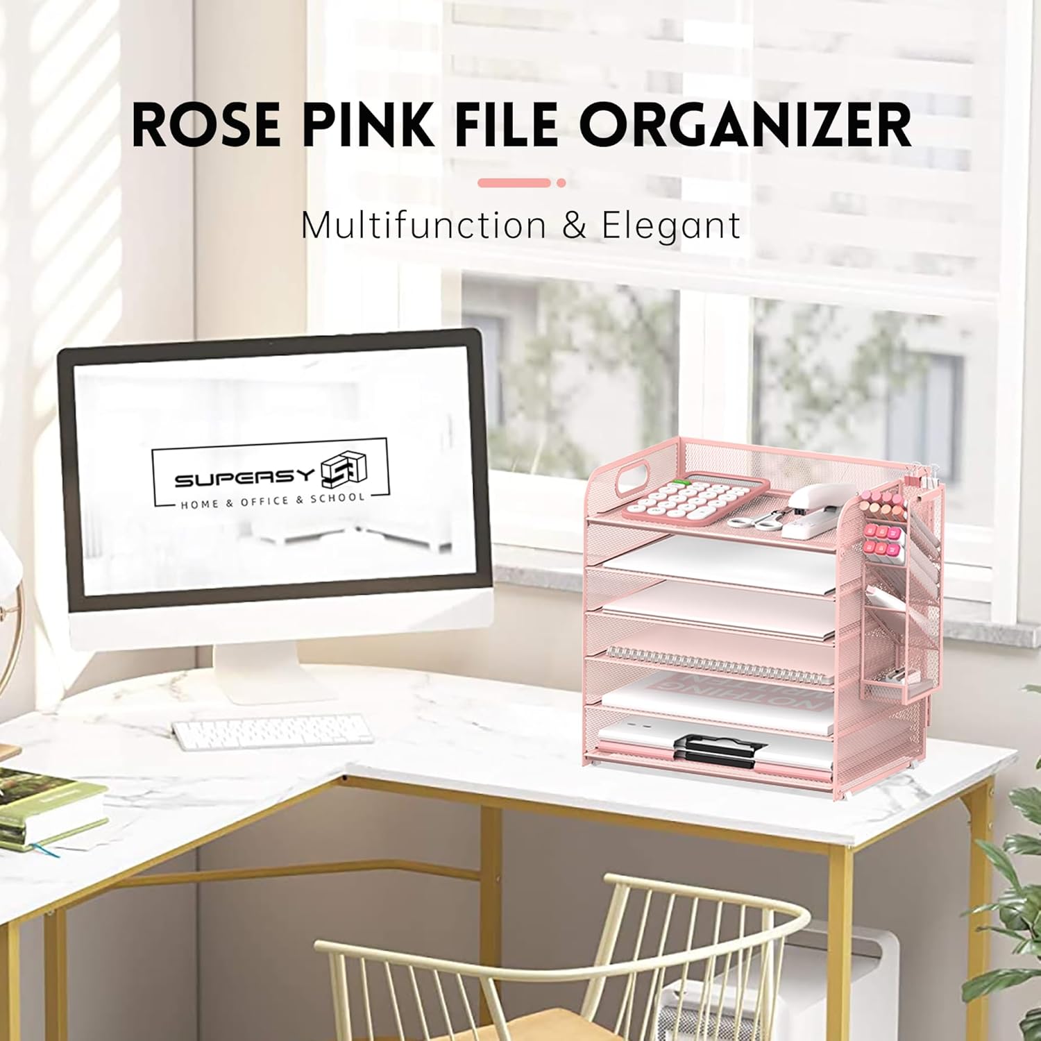 6 Tier Paper Organizer With 4 Pen Holders, Mesh Desk Letter Tray With Handle, File Organizer for A4 Folder, Rose Pink