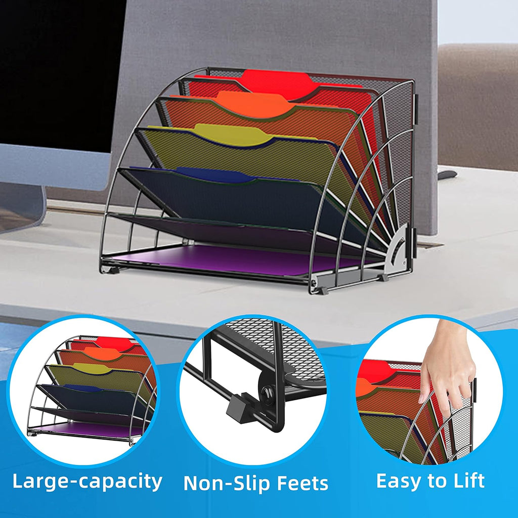 Fan Shaped Desk File Organizer, 6 Compartments for Filing Paper Bills, Letters, Desk Accessories for Workspace, School, Office, Waiting Room, Classroom Storage, Black