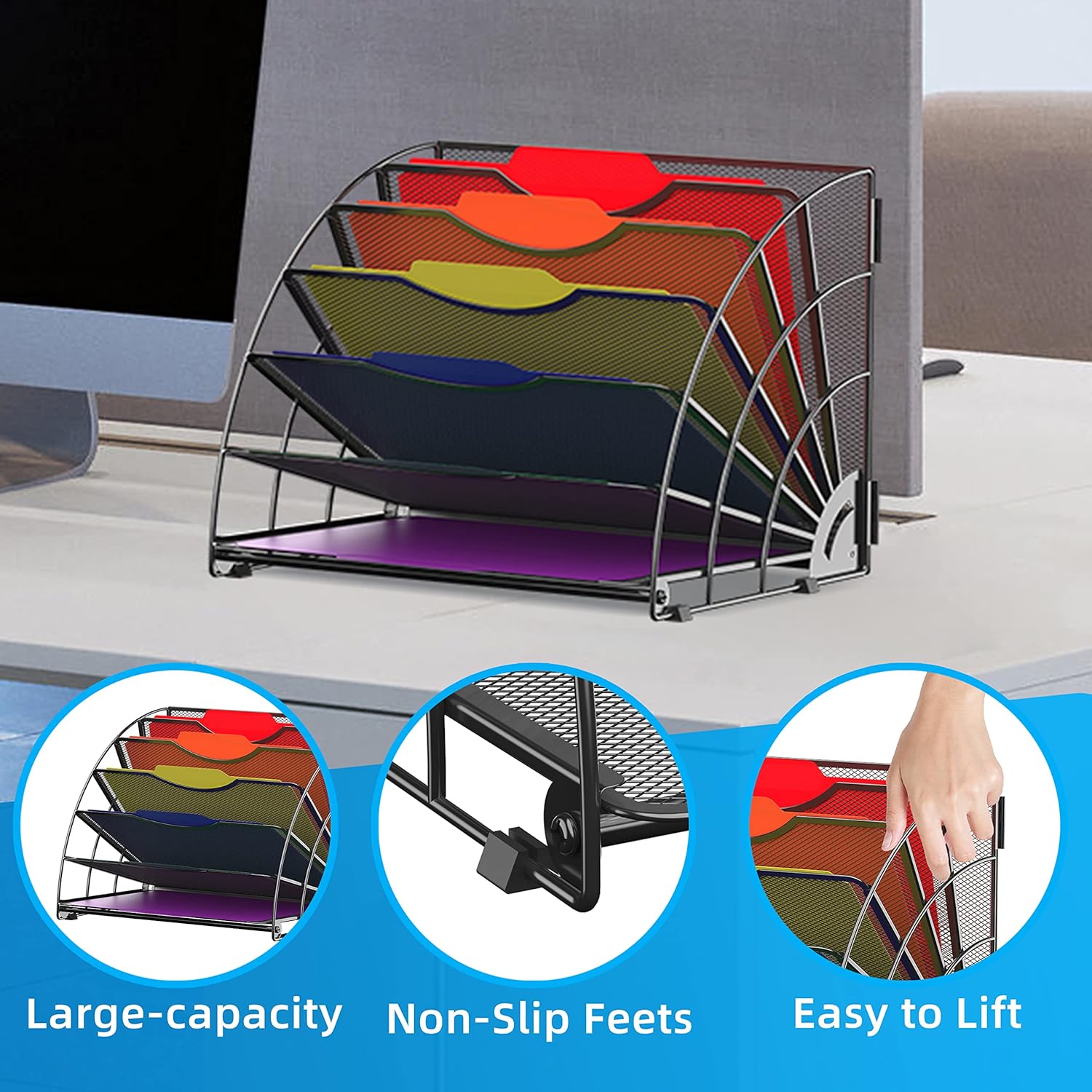 Fan Shaped Desk File Organizer, 6 Compartments for Filing Paper Bills, Letters, Desk Accessories for Workspace, School, Office, Waiting Room, Classroom Storage, Black