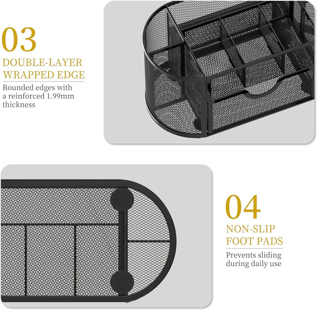 Mesh Desk Organizer, Desk Accessories &amp; Workspace Organizers with Drawers, Pencil Holder for Desk with 9 Compartments for Office Supplies, 8.6 x 4.3 x 4.1 Inch, Black