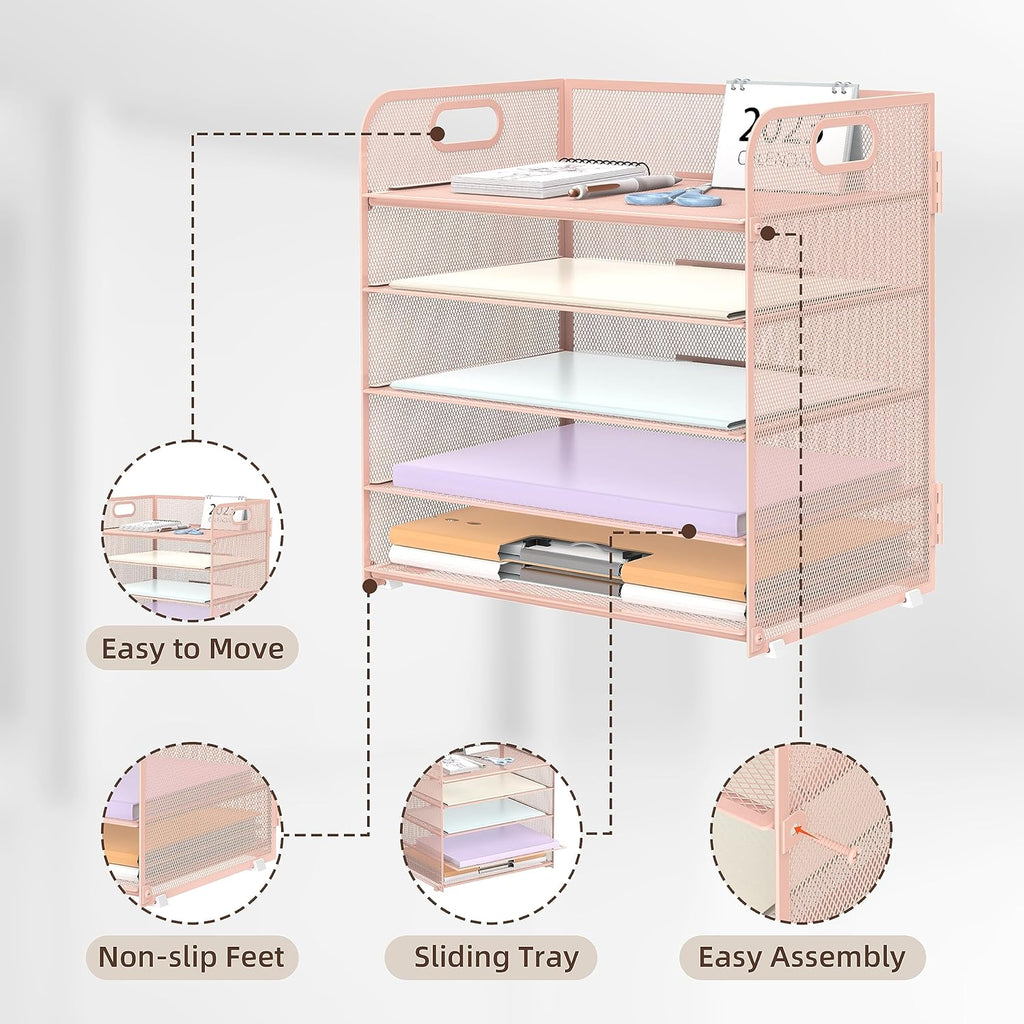 5 Trays Paper Organizer Letter Tray with Handle-Mesh Desk File Organizer, Paper Sorter Desk Organizer for Office, Home or School
