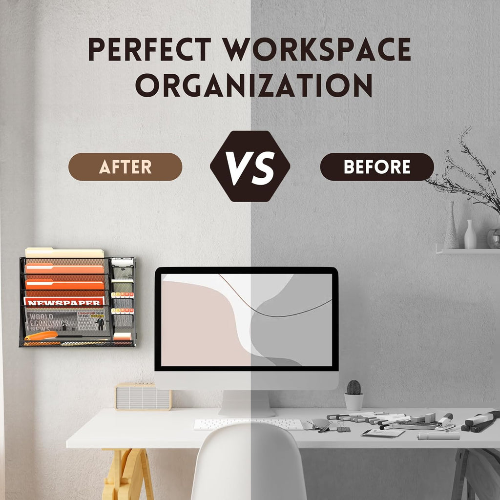 Wall File Organizer, 5-Tier Desk Organizer with 4 Pen Holders, Wall Organizer for Office with R-shaped Bottom Tray, Desk Organizers and Accessories for Office Supplies, Black