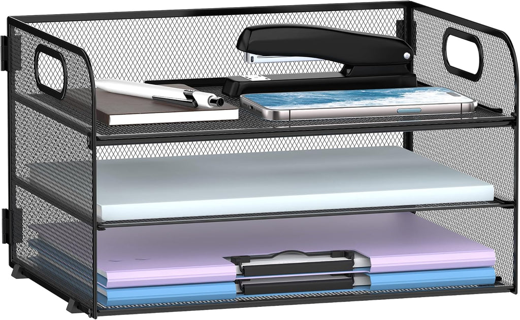 3 Tier Paper Organizer with Handle, Mesh Desk Organizer Letter Tray, Paper Tray File Organizer for A4 File Folder, Black