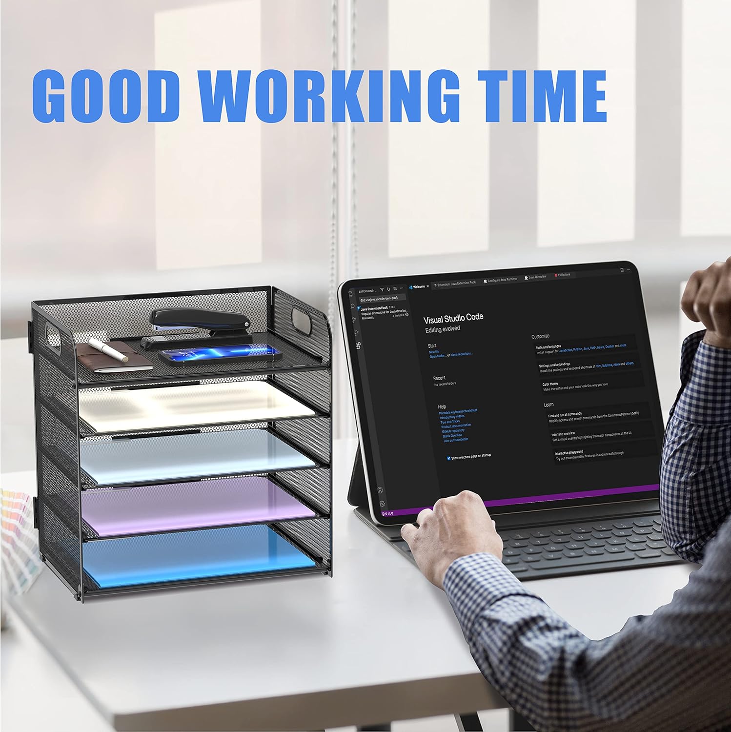 5 Trays Paper Organizer Letter Tray with Handle-Mesh Desk File Organizer, Paper Sorter Desk Organizer for Office, Home or School