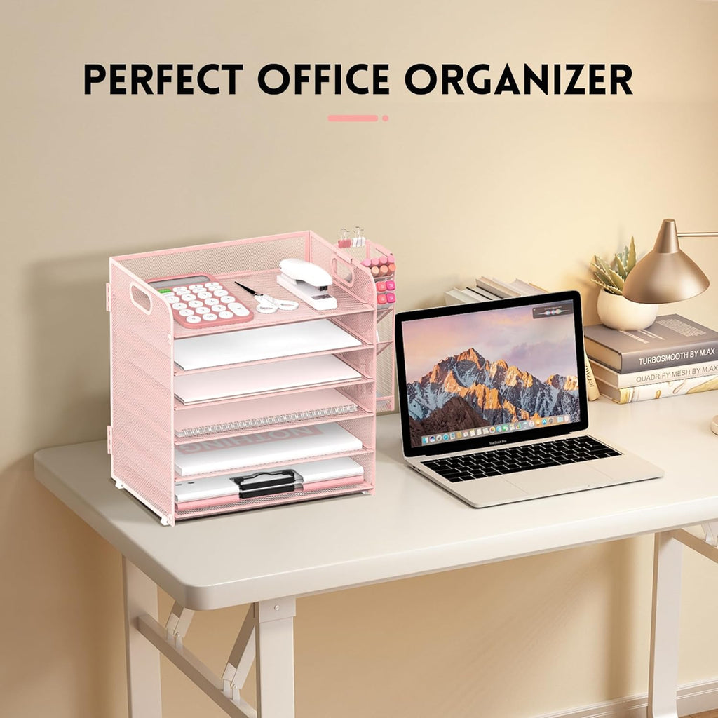 6 Tier Paper Organizer With 4 Pen Holders, Mesh Desk Letter Tray With Handle, File Organizer for A4 Folder, Rose Pink
