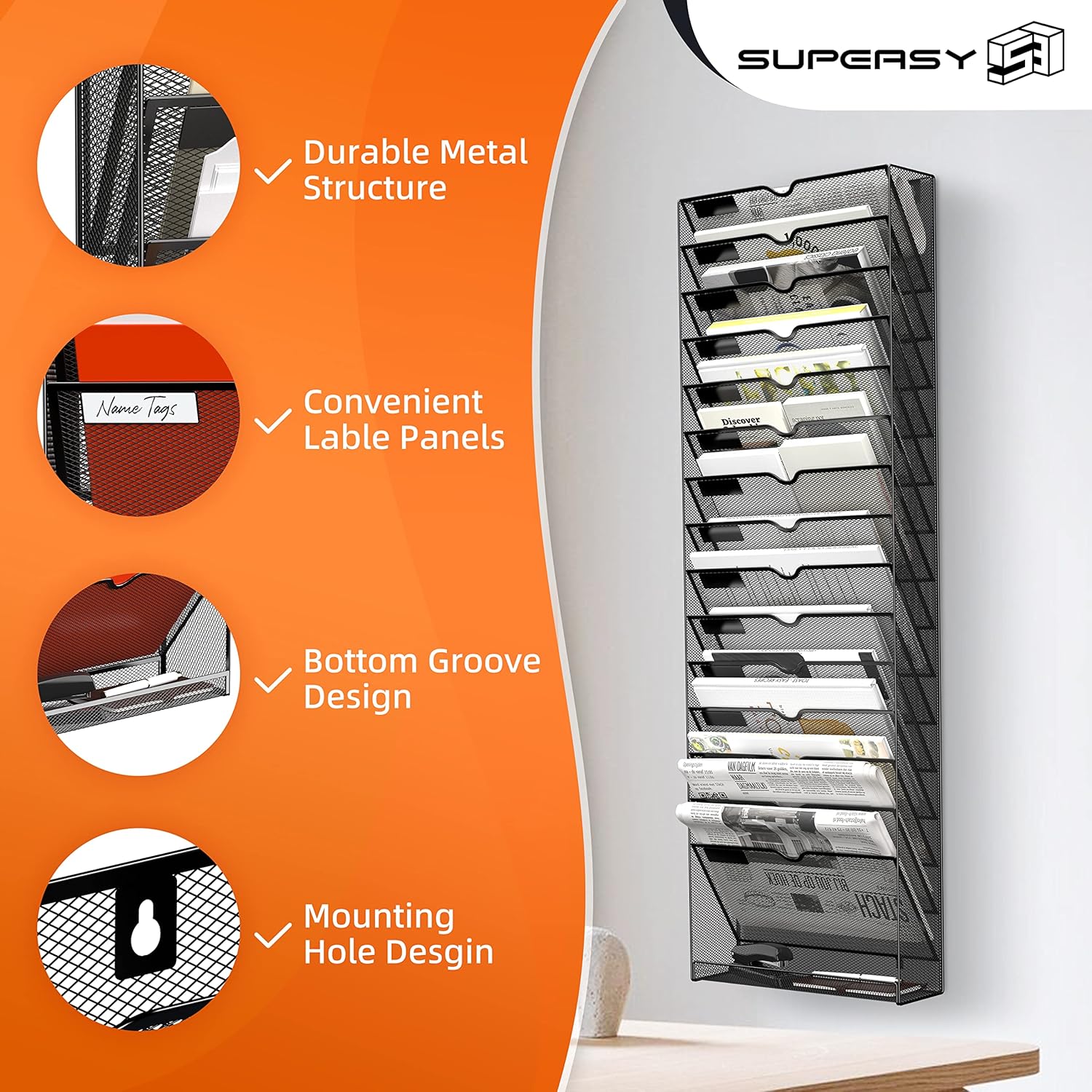 16-Tier Hanging Wall File Holder Organizer for Papers, Folders, Files Clipboard &amp; Magazine Organization Great for Office Home, Black