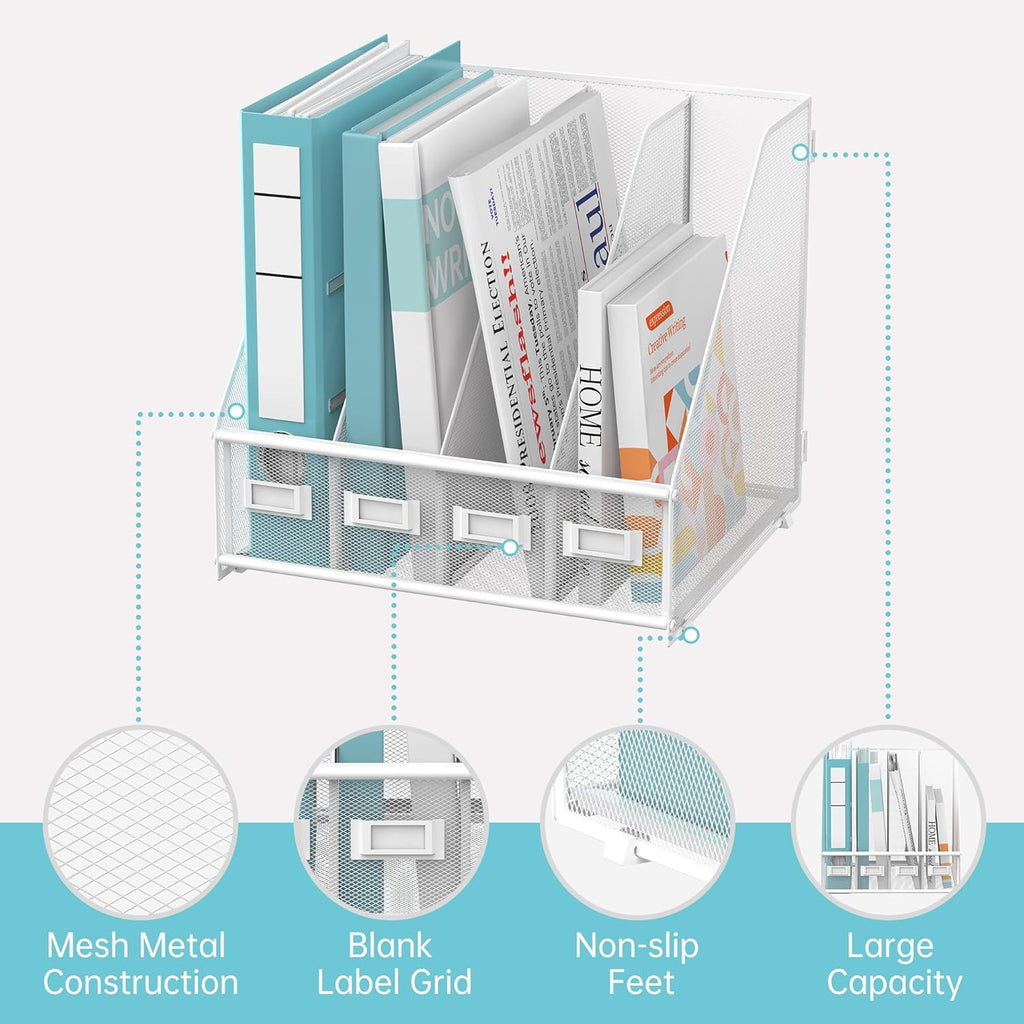 Magazine File Holder, Binder Holder Metal Desk Organizer with 4 Rack Compartments, File Organizer for Office Home School, White Plus