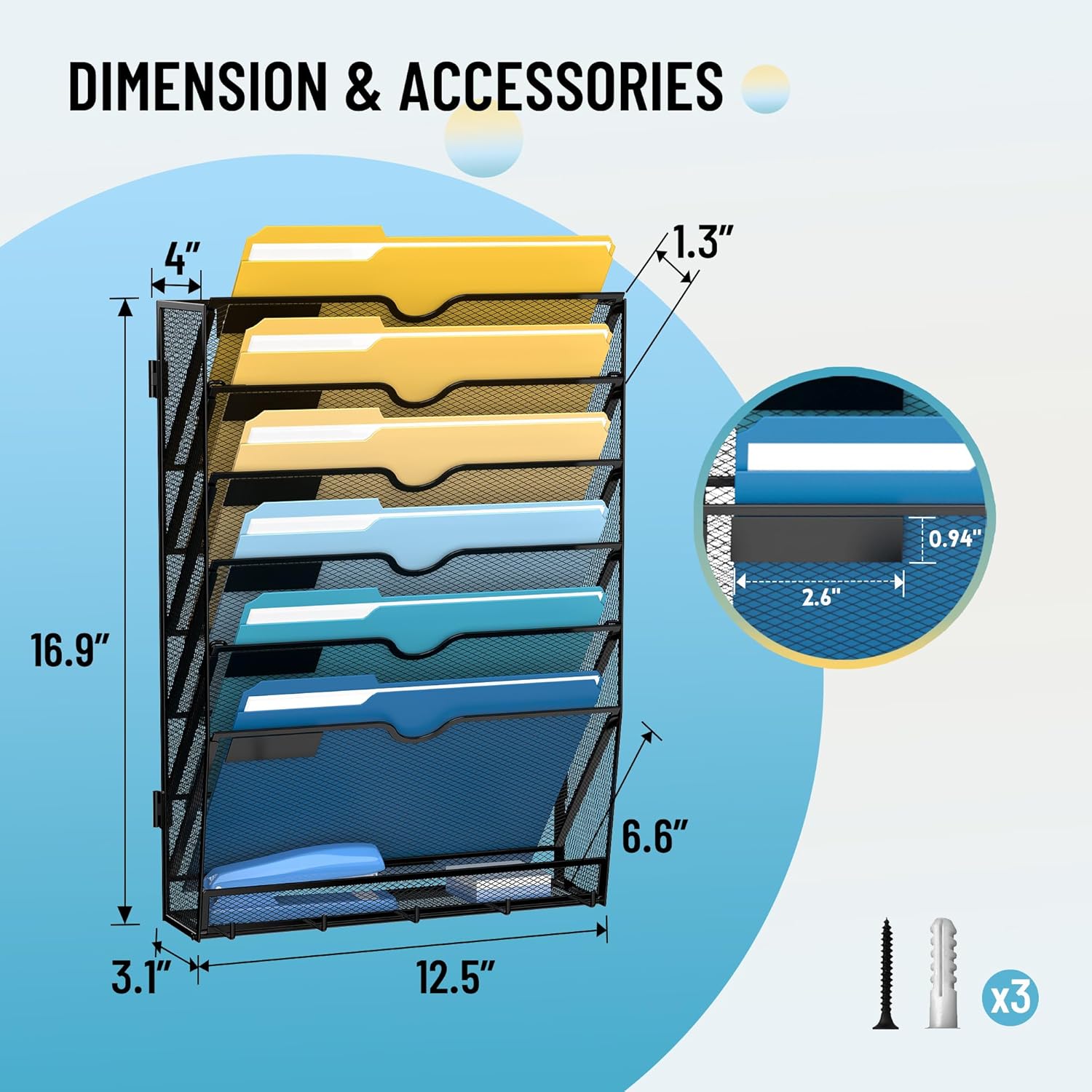 7-Tier Wall File Holder Organizer with Hooks, Mesh Hanging File Organizer, Mail Organizer Wall Mounted for Papers, Folders, Office Magazine Rack, Assembly Needed, Black