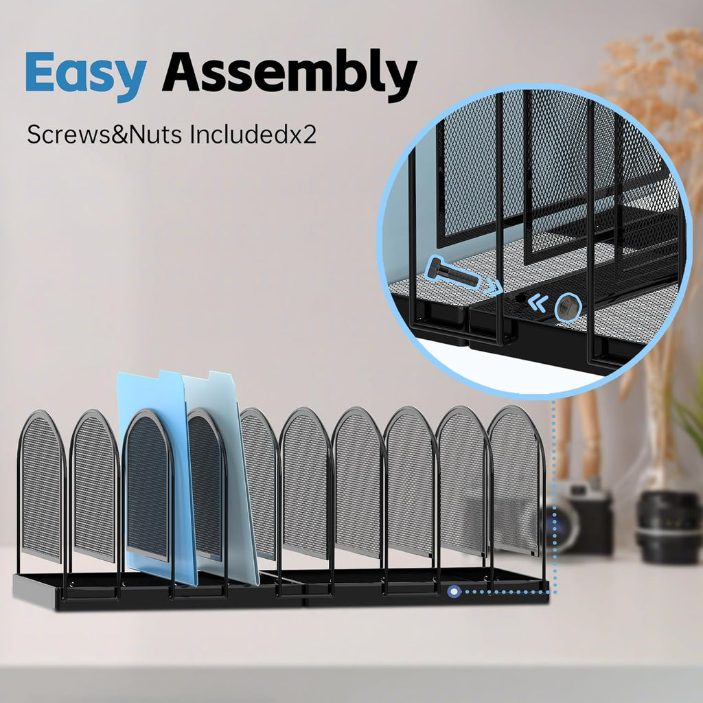 File Organizer for Desk, 9-Section Mesh Desk Organizer, Vertical File Holder Desktop Organizer File Sorter, File Folder Holder for Office Supplies, Black