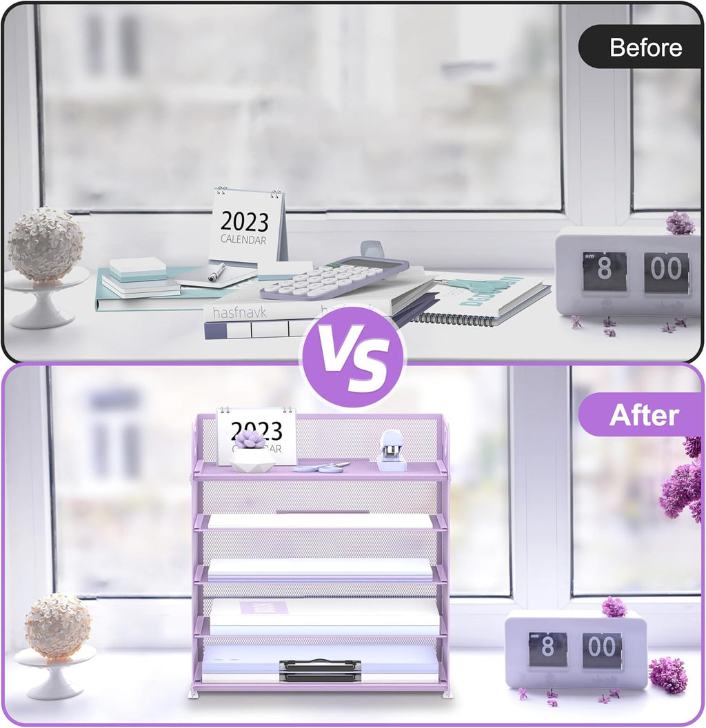 5 Trays Paper Organizer Letter Tray with Handle-Mesh Desk File Organizer, Paper Sorter Desk Organizer for Office, Home or School