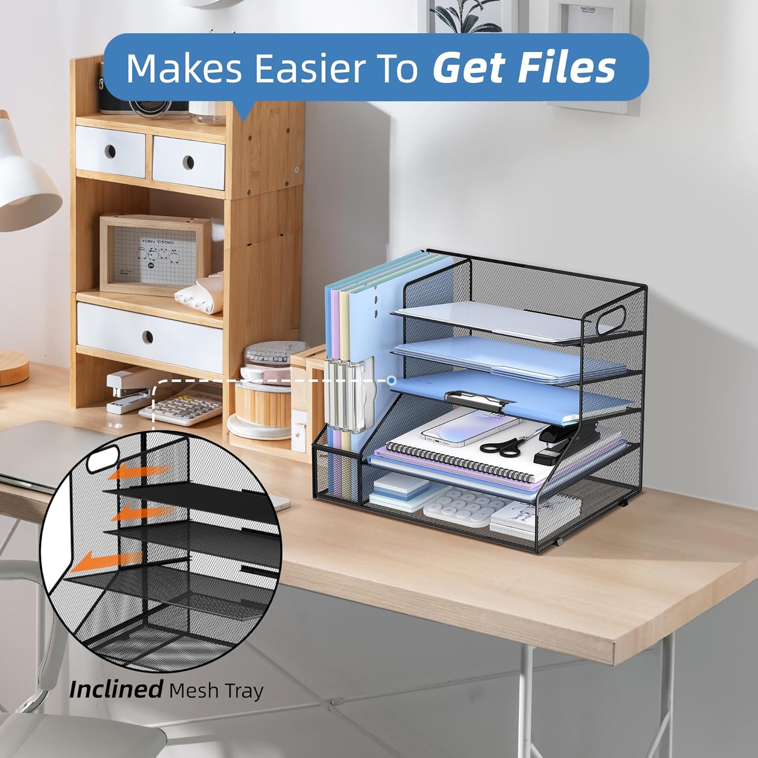 Desk Organizer with File Holder, 5-Tier Mesh Paper Letter Tray Organizer, Desktop Organizer and Storage with 3 Slot Document File Sorter for Office Supplies, Black