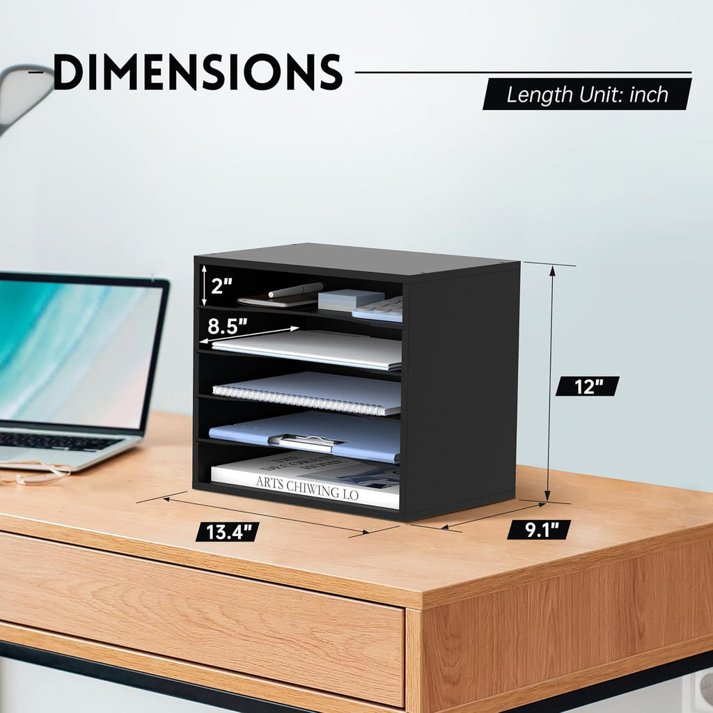 Wood Desk Organizer, 5 Tier Paper File Organizer for Desk, Wooden Desktop Organizer, Paper Letter Literature Mail Sorter, for Office School &amp; Home Organization, Black