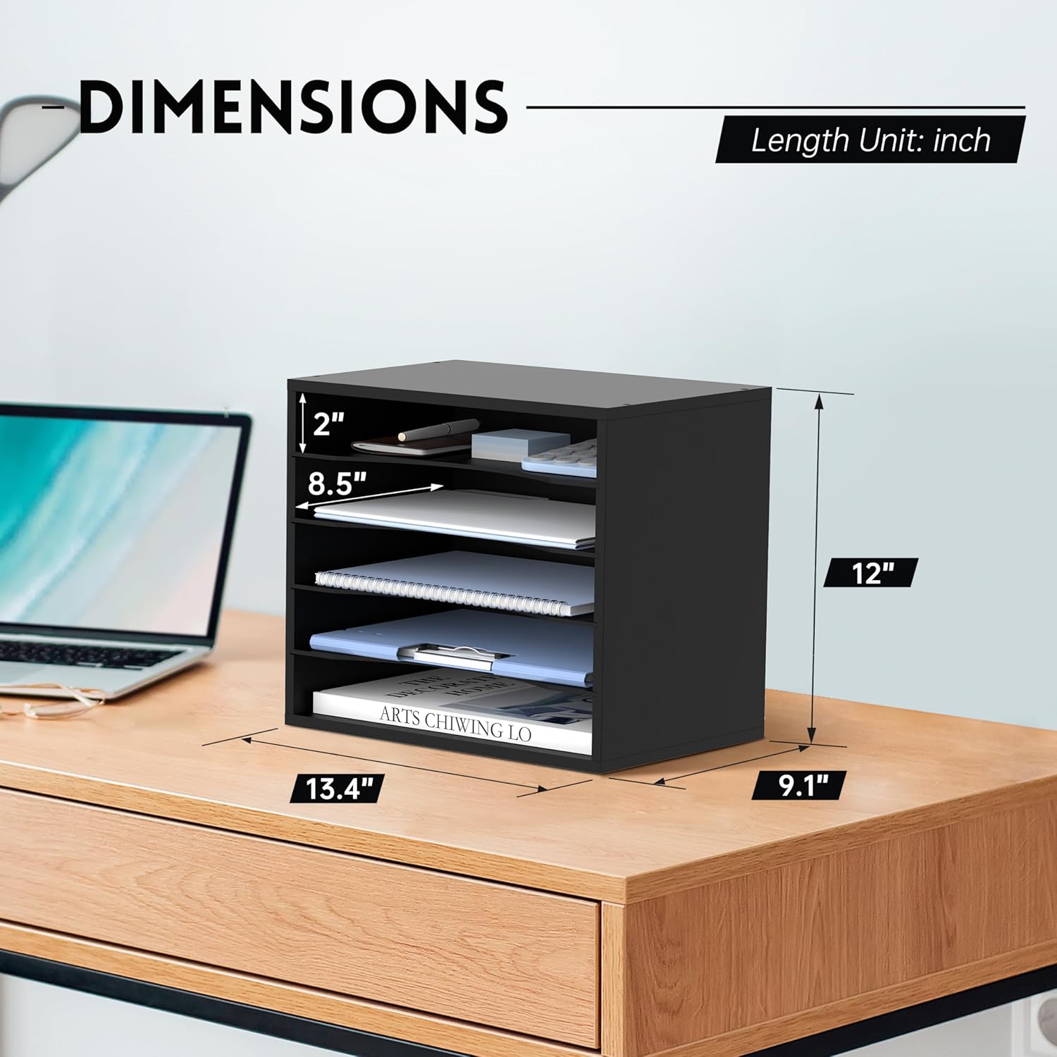 Wood Desk Organizer, 5 Tier Paper File Organizer for Desk, Wooden Desktop Organizer, Paper Letter Literature Mail Sorter, for Office School &amp; Home Organization, Black