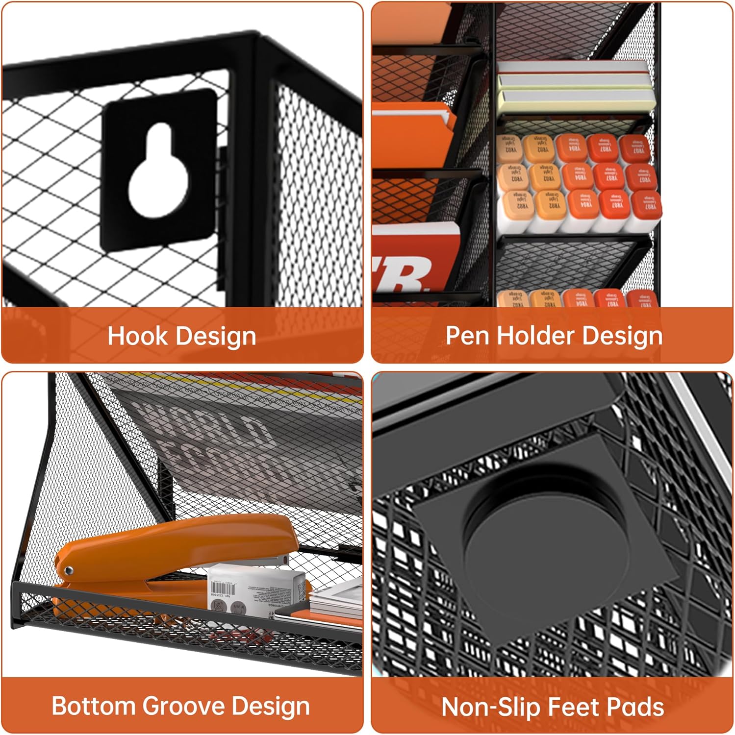 Wall File Organizer, 5-Tier Desk Organizer with 4 Pen Holders, Wall Organizer for Office with R-shaped Bottom Tray, Desk Organizers and Accessories for Office Supplies, Black