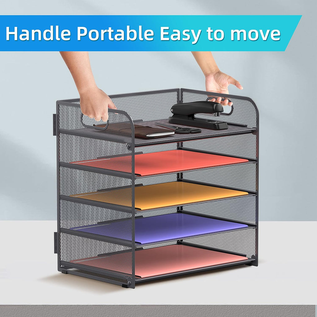 5 Trays Paper Organizer Letter Tray with Handle-Mesh Desk File Organizer, Grey Paper Sorter Desk Organizer for Office, Home or School