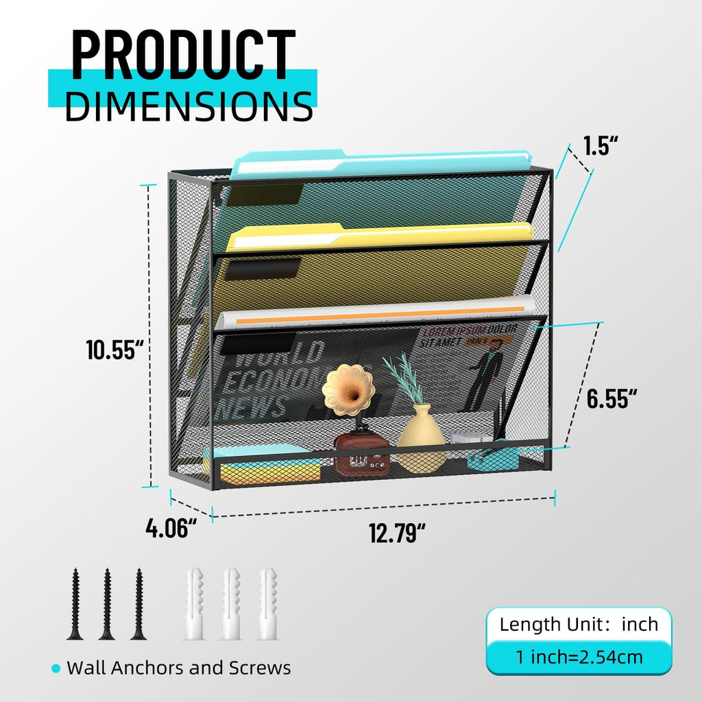 4-Tier Wall File Organizer Mesh Office Mail Holder, Hanging Wall Organizer Magazine Rack for Office Black