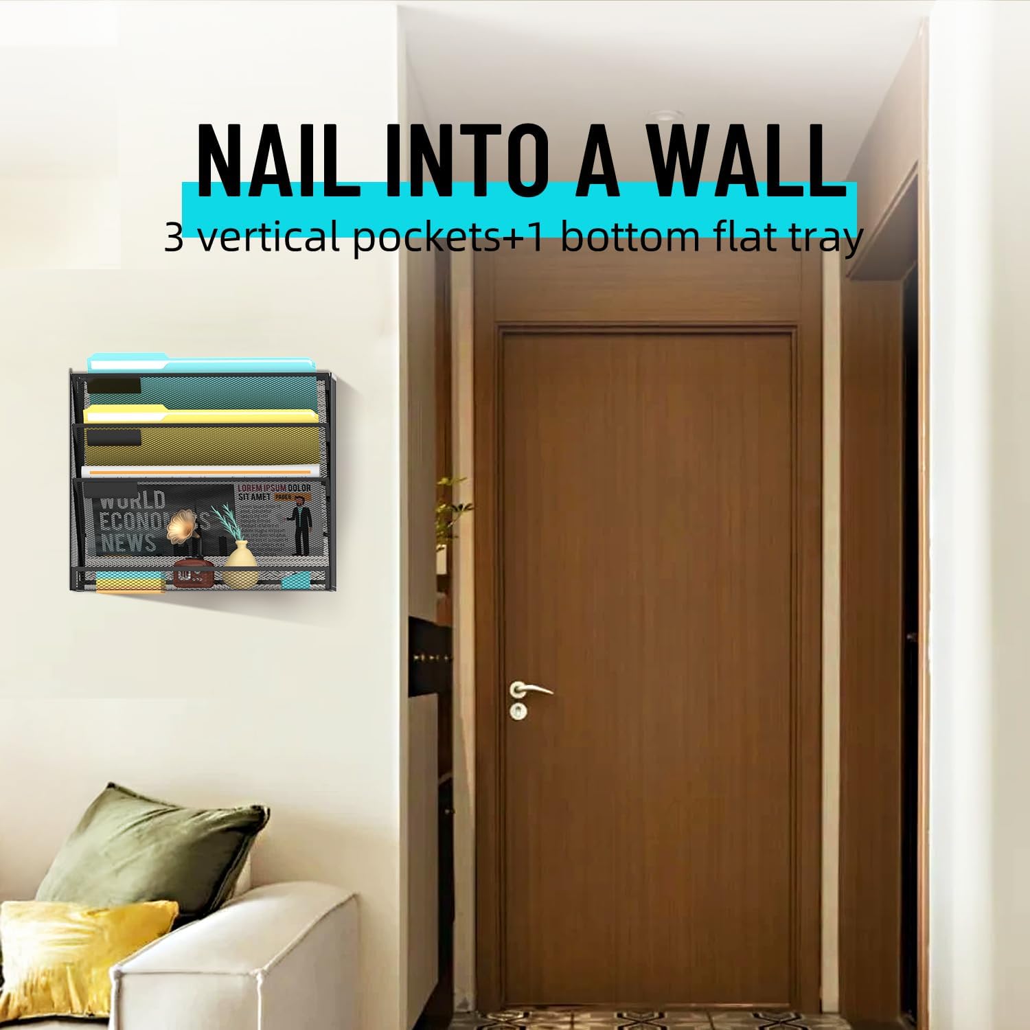 4-Tier Wall File Organizer Mesh Office Mail Holder, Hanging Wall Organizer Magazine Rack for Office Black