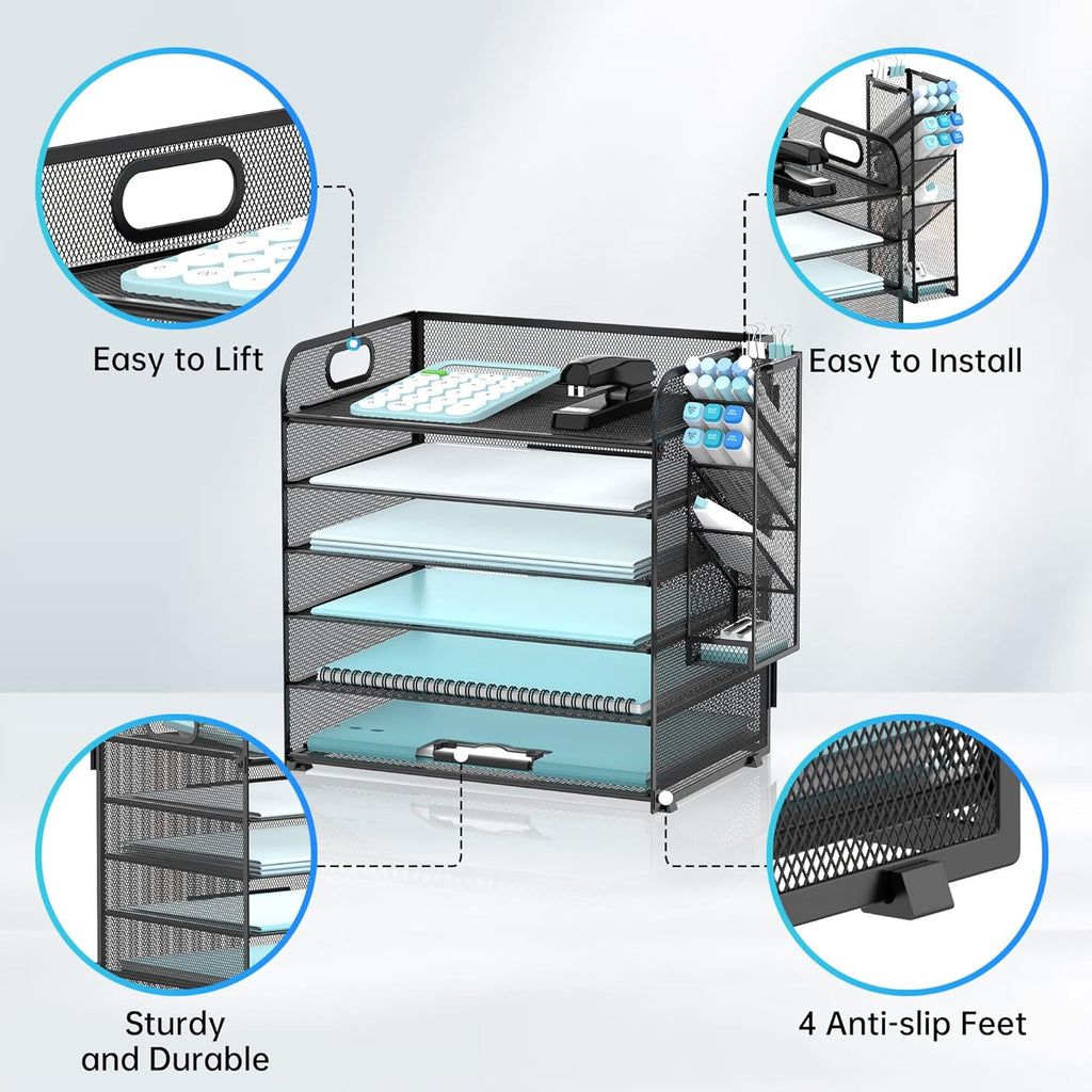 6 Tier Paper Organizer with 4 Pen Holders, Mesh Desk Letter Tray with Handle, A4 File Folder Organizer, Black