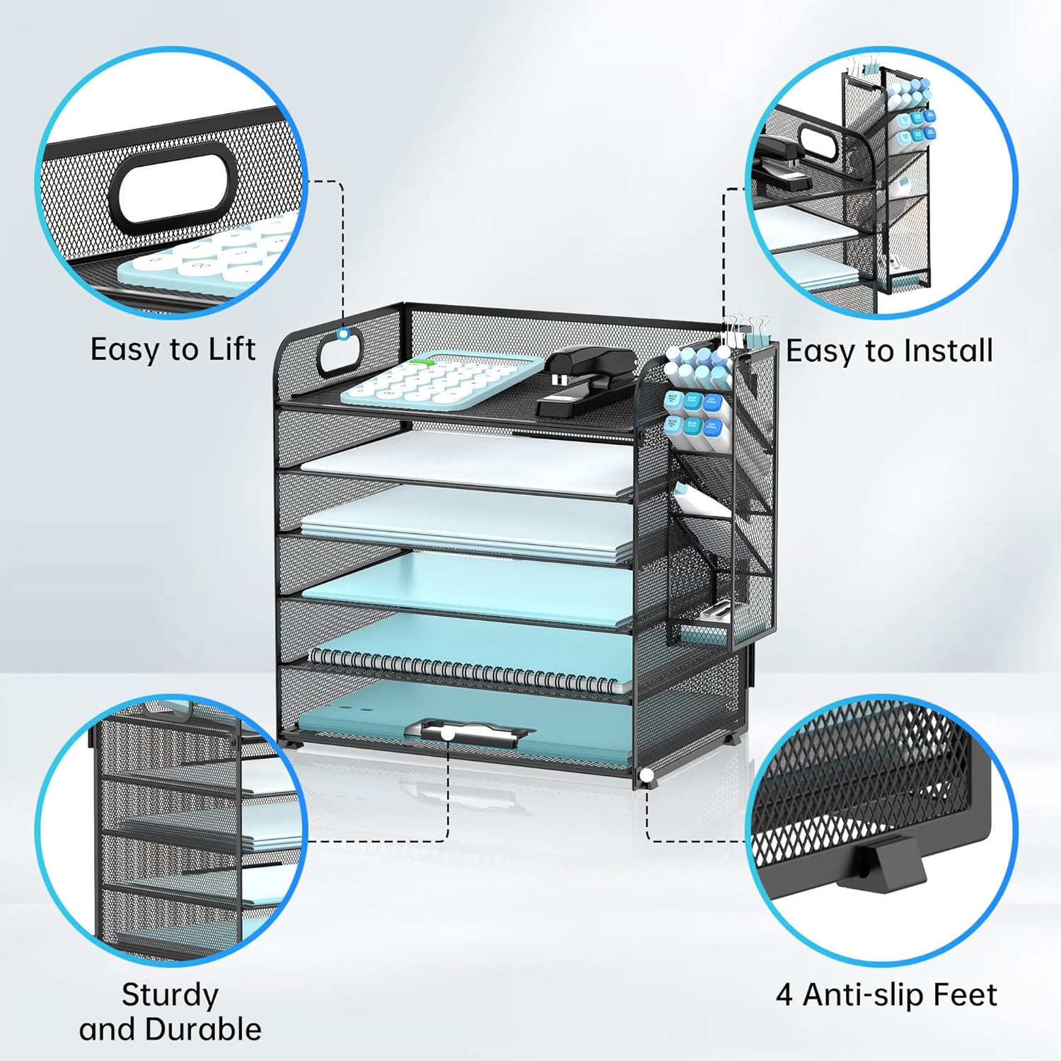 6 Tier Paper Organizer with 4 Pen Holders, Mesh Desk Letter Tray with Handle, A4 File Folder Organizer, Black