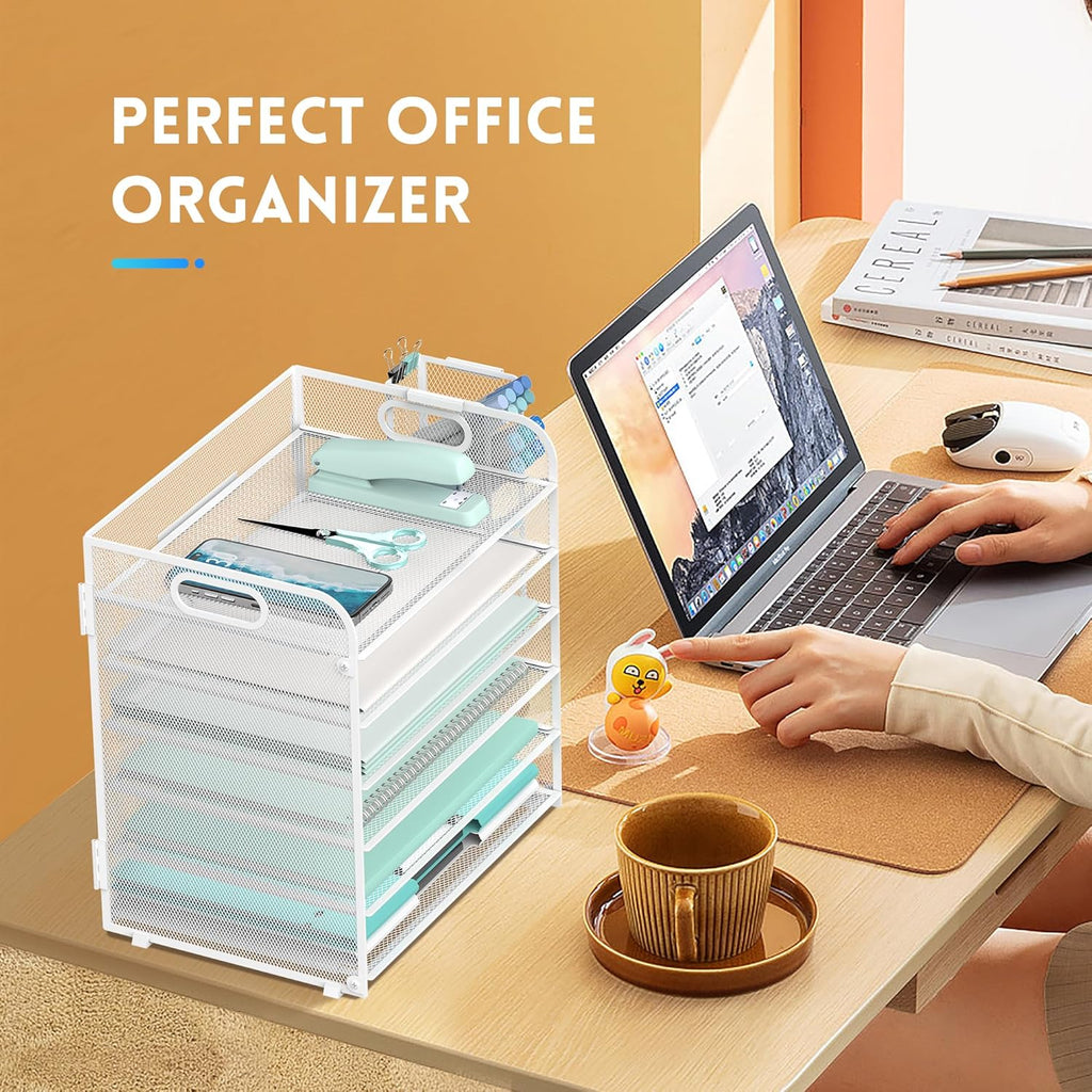 6 Tier Paper Organizer with 4 Pen Holders, Mesh Letter Tray with Handle, Paper Tray Organizer for A4 Files, White