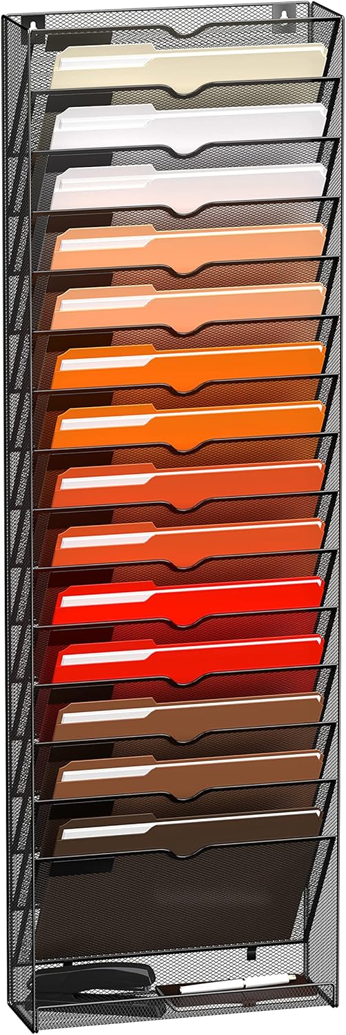 16-Tier Hanging Wall File Holder Organizer for Papers, Folders, Files Clipboard &amp; Magazine Organization Great for Office Home, Black