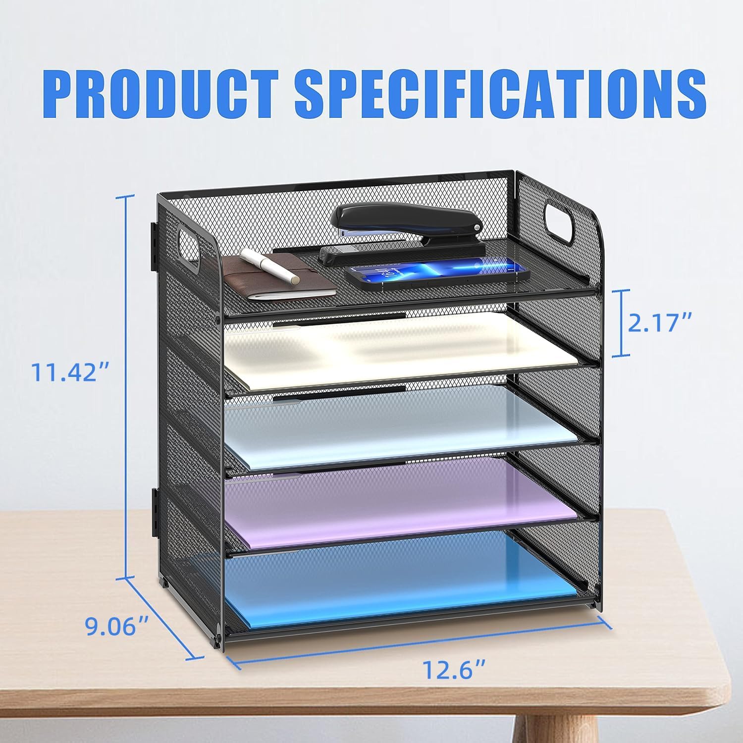 5 Trays Paper Organizer Letter Tray with Handle-Mesh Desk File Organizer, Paper Sorter Desk Organizer for Office, Home or School