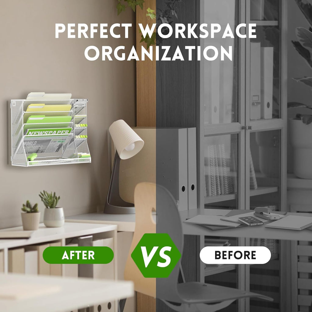 Wall File Organizer, 5-Tier Desk Organizer with 4 Pen Holders, Wall Organizer for Office with R-shaped Bottom Tray, Desk Organizers and Accessories for Office Supplies, White