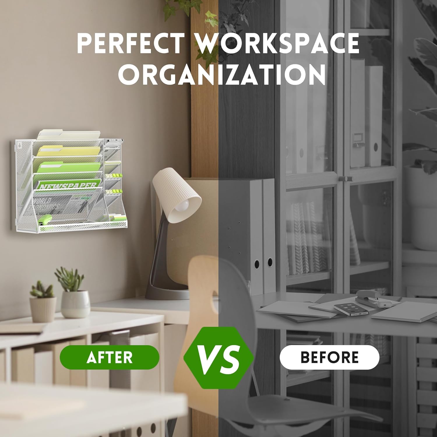 Wall File Organizer, 5-Tier Desk Organizer with 4 Pen Holders, Wall Organizer for Office with R-shaped Bottom Tray, Desk Organizers and Accessories for Office Supplies, White