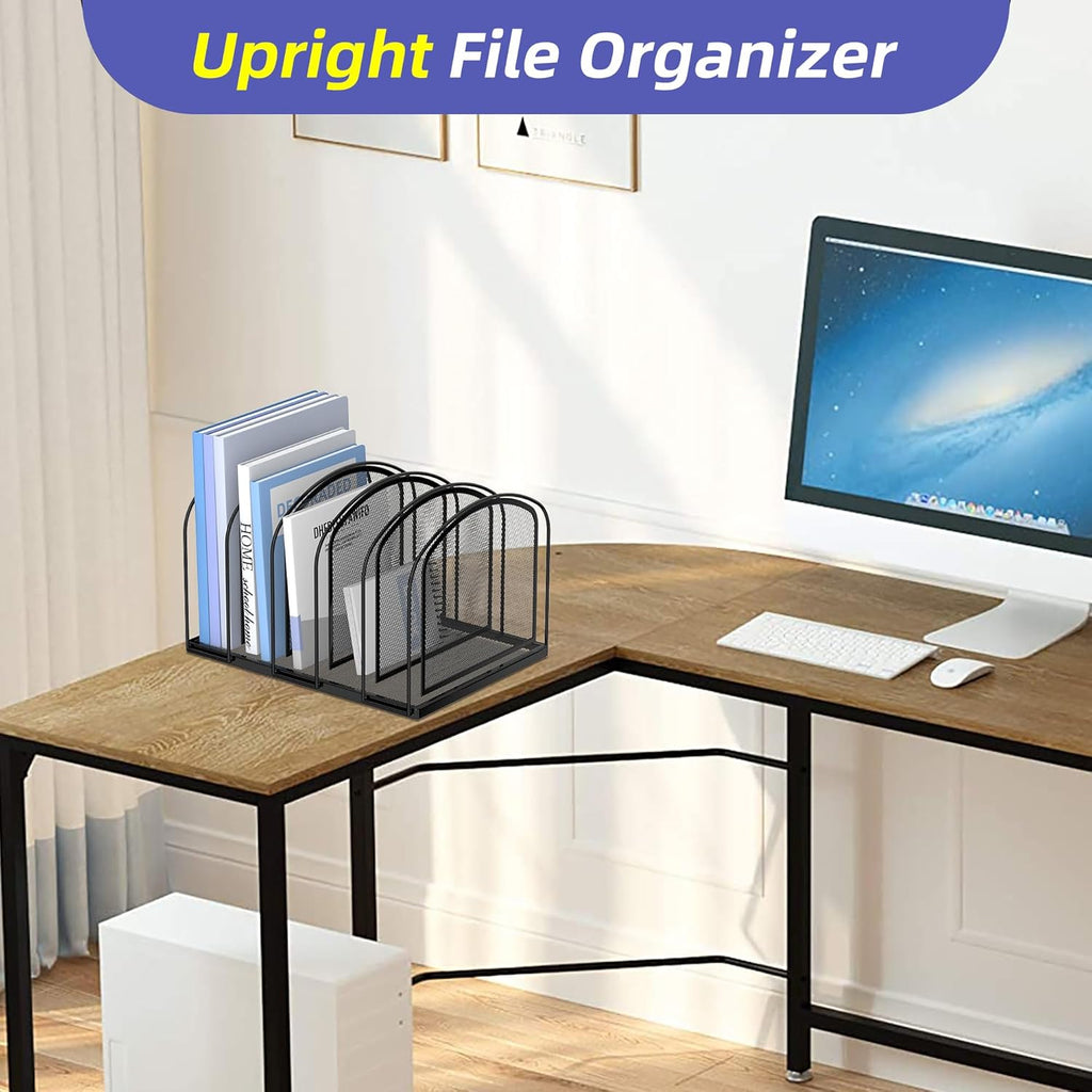 File Organizer for Desk, 5-Section Mesh Desk Organizer, Vertical File Holder Desktop Organizer File Sorter, File Folder Holder for Office Supplies, Black