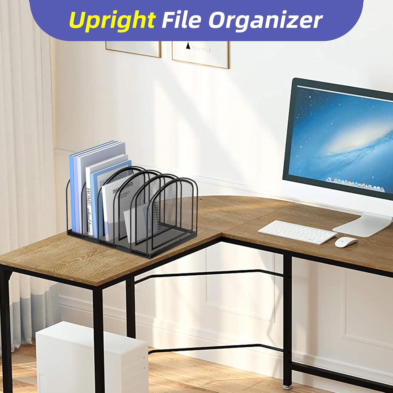 File Organizer for Desk, 5-Section Mesh Desk Organizer, Vertical File Holder Desktop Organizer File Sorter, File Folder Holder for Office Supplies, Black