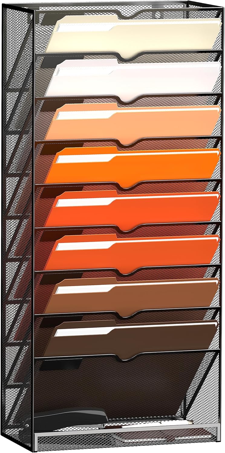 10-Tier Hanging Wall File Holder Organizer for Papers, Folders, Files Clipboard &amp; Magazine Organization Great for Office Home, Black