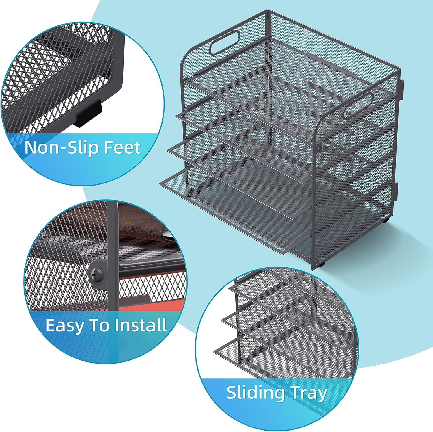 5 Trays Paper Organizer Letter Tray with Handle-Mesh Desk File Organizer, Grey Paper Sorter Desk Organizer for Office, Home or School