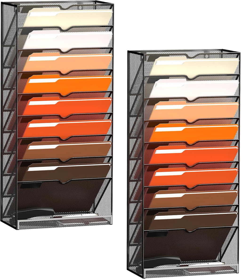 10-Tier Hanging Wall File Holder Organizer for Papers, Folders, Files Clipboard &amp; Magazine Organization Great for Office Home, Black 2 Pack