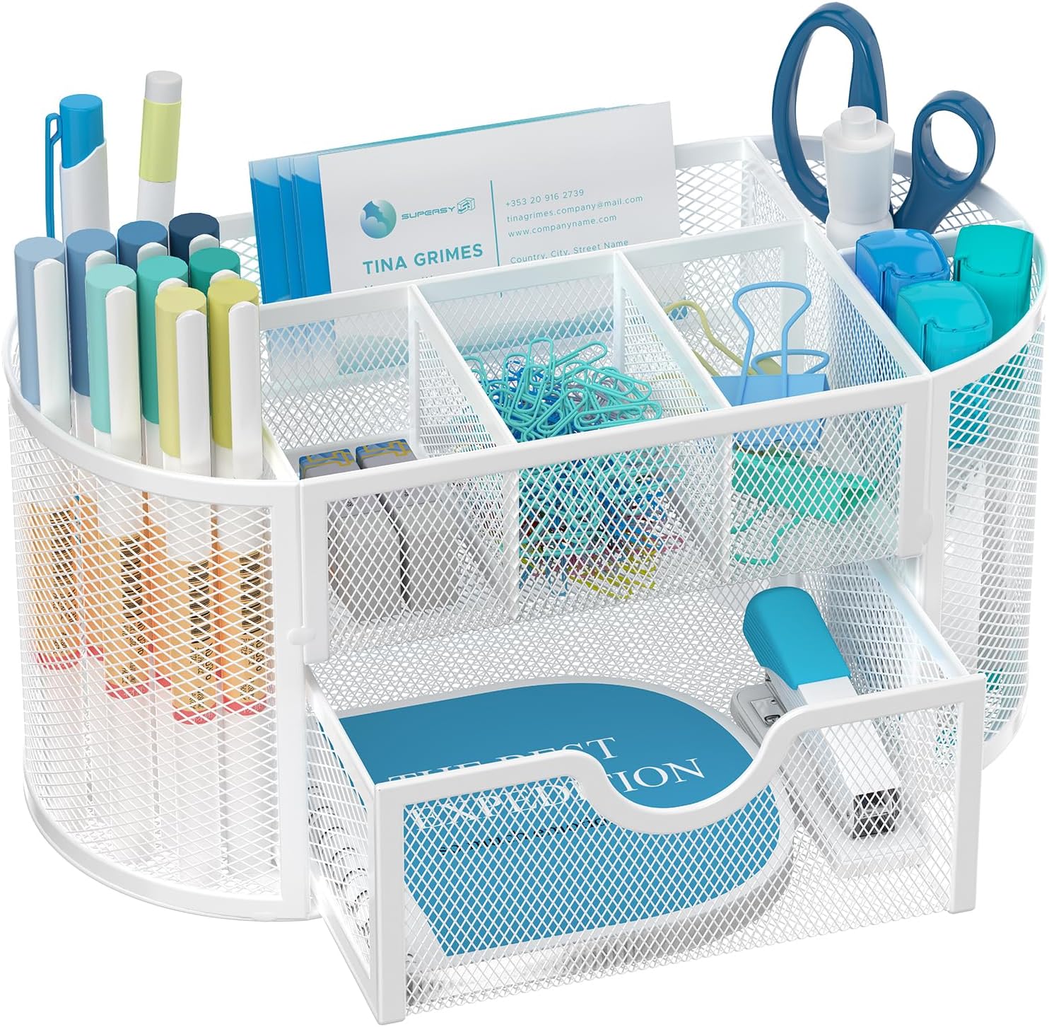 Mesh Desk Organizer, Desk Accessories &amp; Workspace Organizers with Drawers, Pencil Holder for Desk with 9 Compartments for Office Suppliess, 8.6 x 4.3 x 4.1 Inch, White