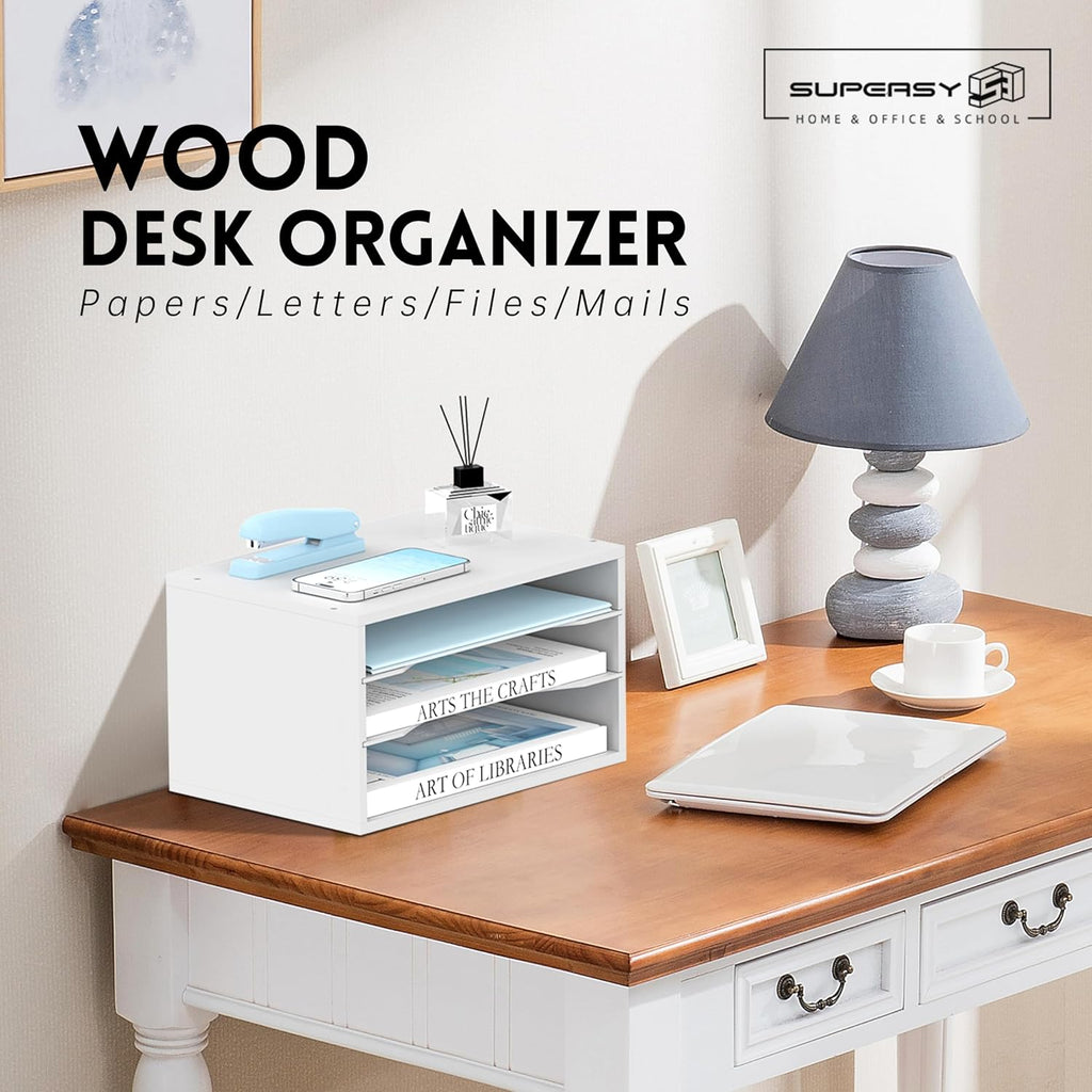 Wood Desk Organizer, 3 Tier Paper File Organizer for Desk, Wooden Desktop Organizer, Paper Letter Literature Mail Sorter, for Office School &amp; Home Organization, White