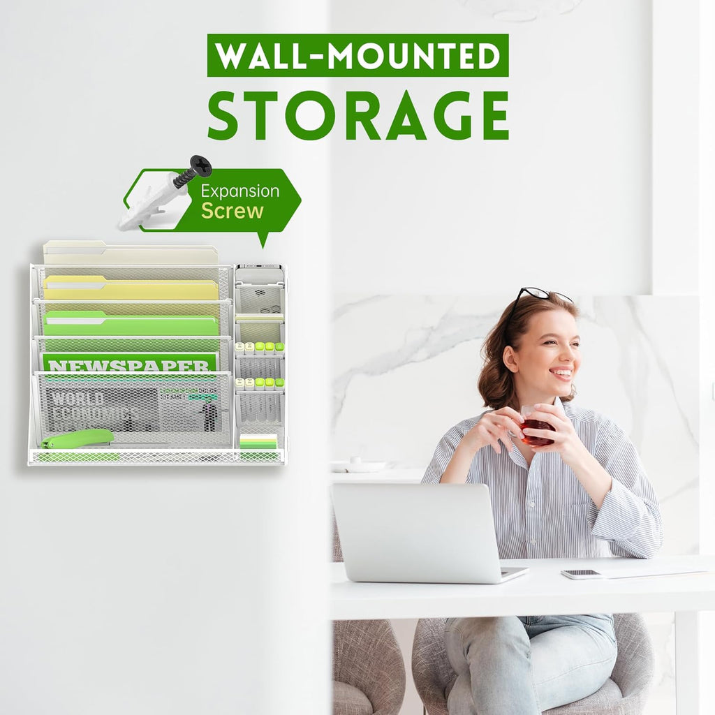 Wall File Organizer, 5-Tier Desk Organizer with 4 Pen Holders, Wall Organizer for Office with R-shaped Bottom Tray, Desk Organizers and Accessories for Office Supplies, White