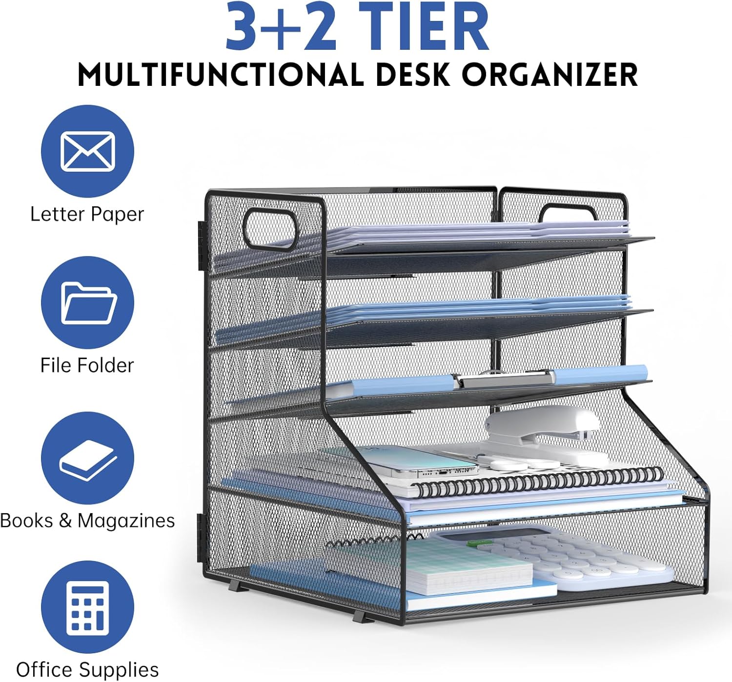 5-Tier Desk File Organizer, Metal Letter Paper Tray, Desk Organizers and Accessories for Home Office Supplies, Black