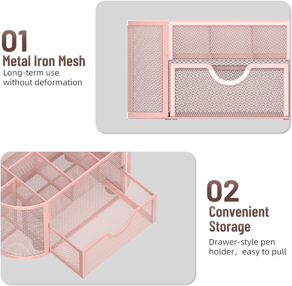 Mesh Desk Organizer, Desk Accessories &amp; Workspace Organizers with Drawers, Pencil Holder for Desk with 9 Compartments for Office Suppliess, 8.6 x 4.3 x 4.1 Inch, Pink