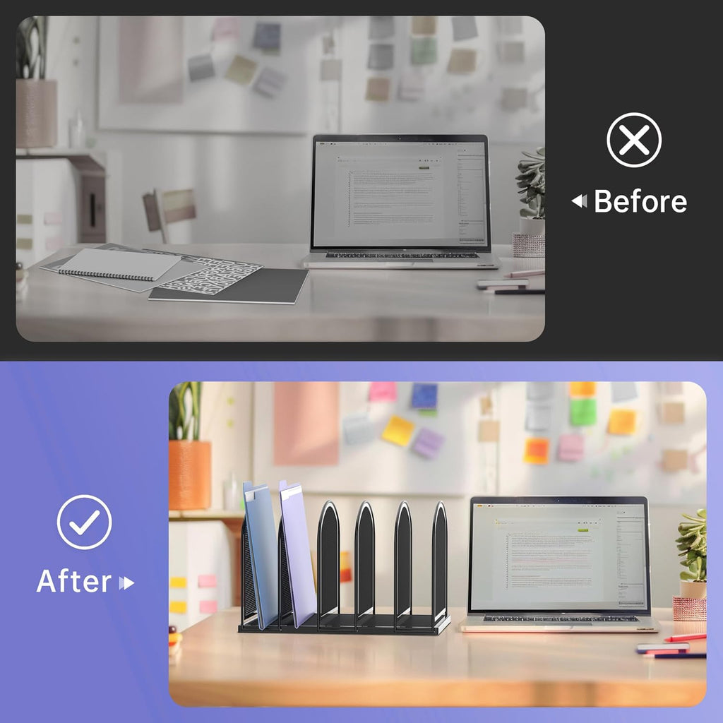 File Organizer for Desk, 5-Section Mesh Desk Organizer, Vertical File Holder Desktop Organizer File Sorter, File Folder Holder for Office Supplies, Black