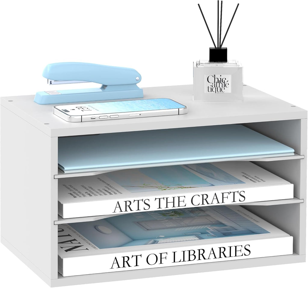 Wood Desk Organizer, 3 Tier Paper File Organizer for Desk, Wooden Desktop Organizer, Paper Letter Literature Mail Sorter, for Office School &amp; Home Organization, White