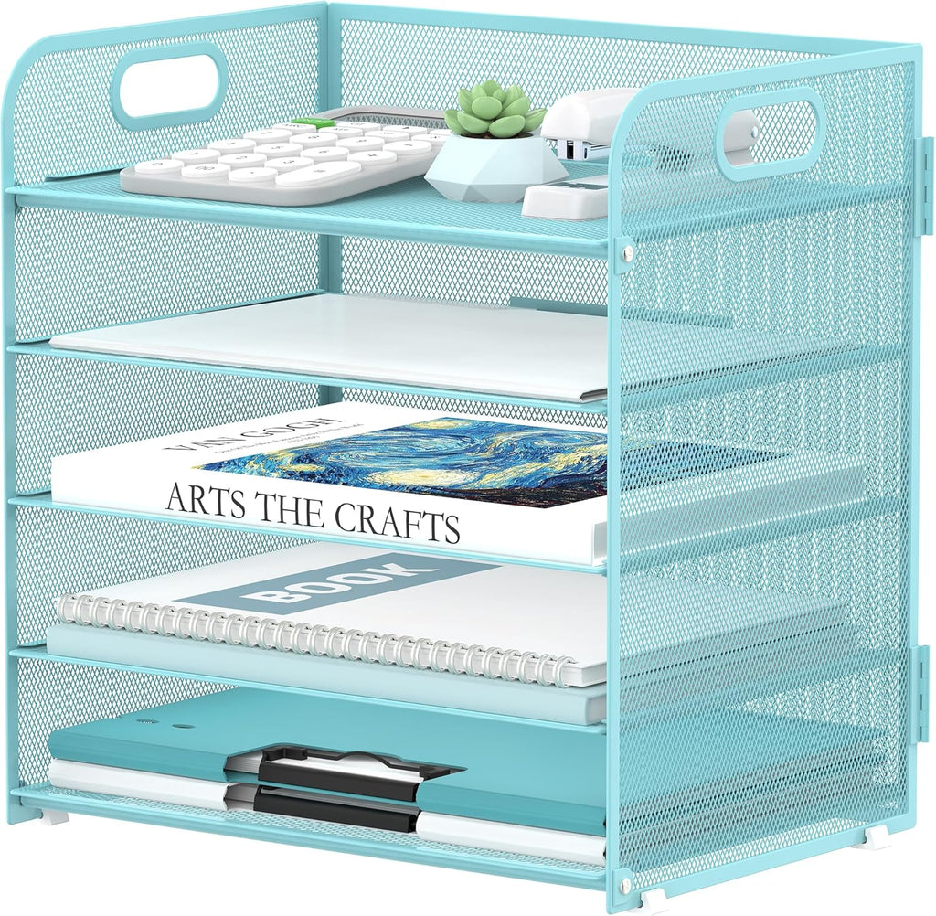 5 Trays Paper Organizer Letter Tray with Handle-Mesh Desk File Organizer, Paper Sorter Desk Organizer for Office, Home or School (Light Blue)